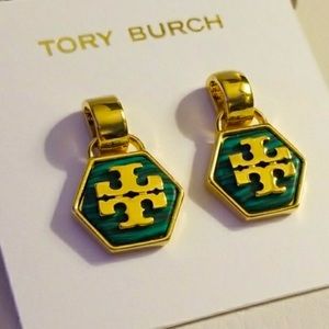Tory Burch green hexagon logo drop earrings